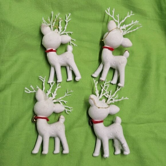 Vintage Christmas Tree Ornaments Flocked Reindeer, White & Red Lot of 4 - Picture 6 of 7